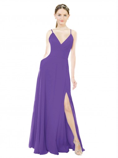 Fábrica de Chiffon Alças finas Comprimento Chão Sem Mangas Roxo Vestidos de Madrinha