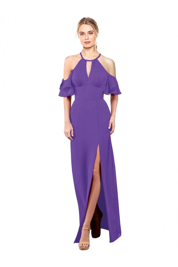 Fábrica de Abrir de volta Chiffon Cabeçada Comprimento Chão Mangas Folhos Vestidos de Madrinha