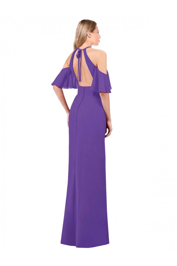 Fábrica de Abrir de volta Chiffon Cabeçada Comprimento Chão Mangas Folhos Vestidos de Madrinha
