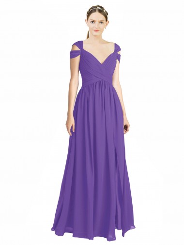 Fábrica de Lombar Chiffon Fora do Ombro Comprimento Chão Mangas Curtas Vestidos de Madrinha