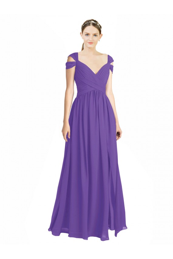 Fábrica de Lombar Chiffon Fora do Ombro Comprimento Chão Mangas Curtas Vestidos de Madrinha