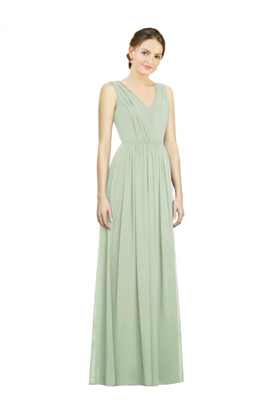 Fábrica de Costas em V Chiffon Decote V Comprimento Chão Sem Mangas Linha A Vestido de Festa / Vestido de Madrinha
