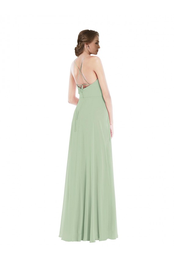 Fábrica de Criss Cruz Chiffon Colher Comprimento Chão Sem Mangas Vestidos de Madrinha
