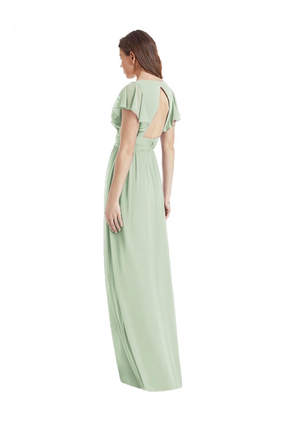 Fábrica de Abrir de volta Chiffon Decote V Comprimento Chão Mangas Esvoaçantes Trombeta Vestidos de Madrinha