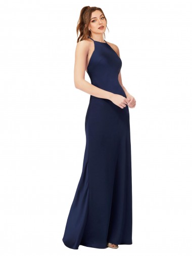 Fábrica de Criss Cruz Cetim Sedoso Decote Alto Comprimento Chão Sem Mangas Vestidos de Madrinha / Vestidos de Noite / Vestidos de Festa