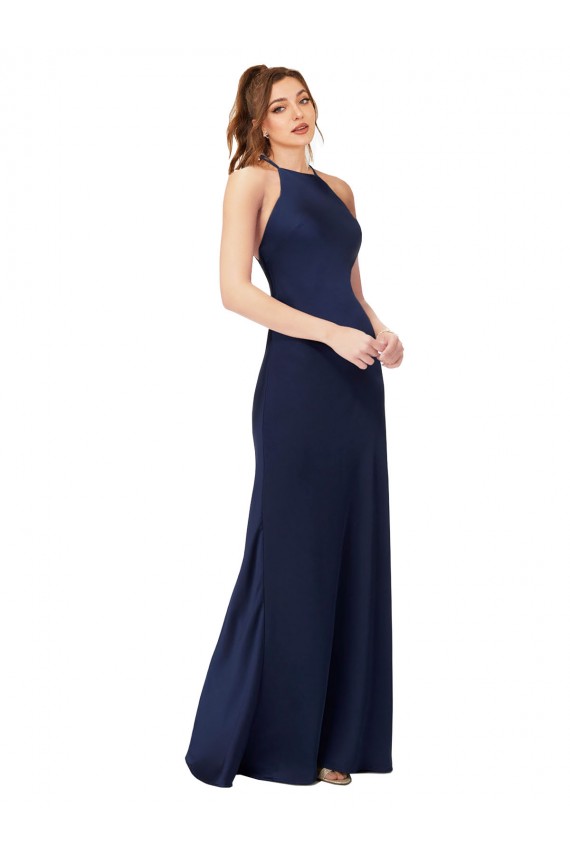 Fábrica de Criss Cruz Cetim Sedoso Decote Alto Comprimento Chão Sem Mangas Vestidos de Madrinha / Vestidos de Noite / Vestidos de Festa