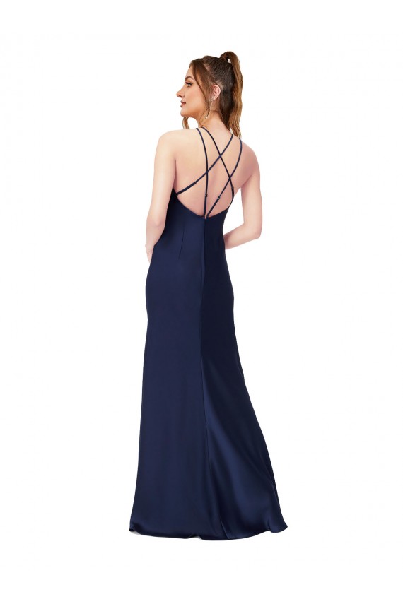 Fábrica de Criss Cruz Cetim Sedoso Decote Alto Comprimento Chão Sem Mangas Vestidos de Madrinha / Vestidos de Noite / Vestidos de Festa