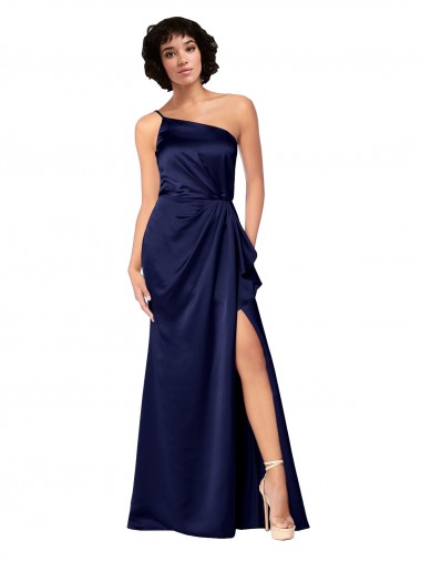 Fábrica de Cetim Sedoso Um Ombro Comprimento Chão Sem Mangas Linha A Vestidos de Madrinha / Vestidos de Noite / Vestidos de Festa