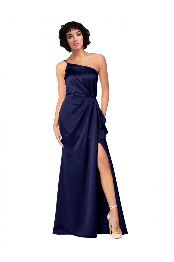 Fábrica de Cetim Sedoso Um Ombro Comprimento Chão Sem Mangas Linha A Vestidos de Madrinha / Vestidos de Noite / Vestidos de Festa