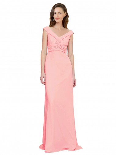 Fábrica de Chiffon Decote V Comprimento Chão Sem Mangas Salmão Vestidos de Madrinha