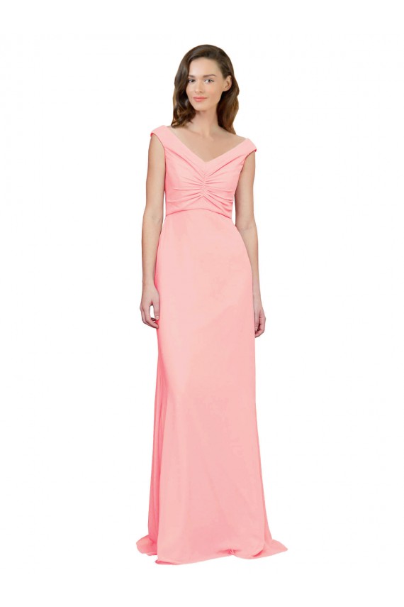 Fábrica de Chiffon Decote V Comprimento Chão Sem Mangas Salmão Vestidos de Madrinha