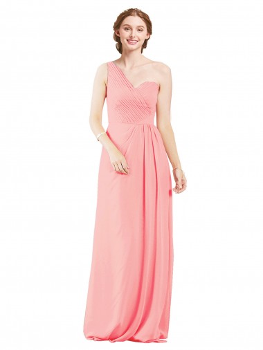 Fábrica de Chiffon Um Ombro Comprimento Chão Sem Mangas Salmão Vestidos de Madrinha