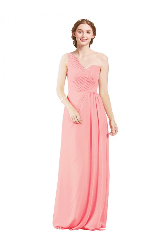 Fábrica de Chiffon Um Ombro Comprimento Chão Sem Mangas Salmão Vestidos de Madrinha