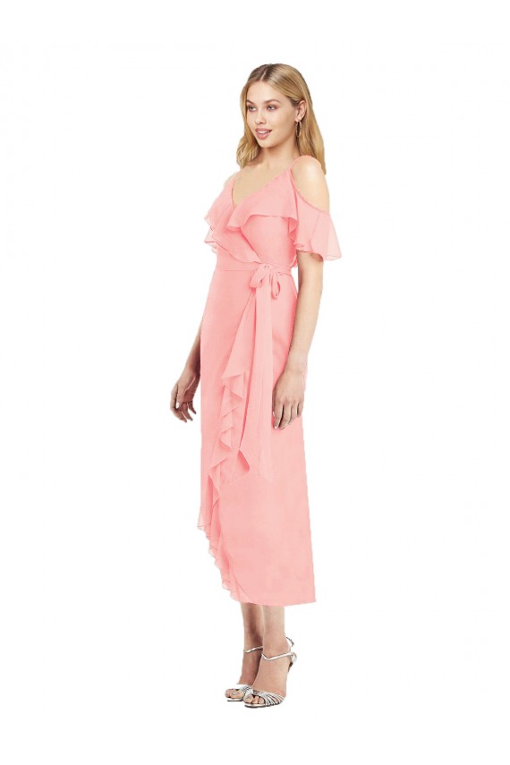Fábrica de Chiffon Alças finas Comprimento Cocktail Ombro Frio Vestidos de Madrinha