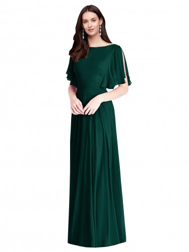 Fábrica de Costas em V Chiffon Barco Comprimento Chão Mangas Sino Vestidos de Madrinha