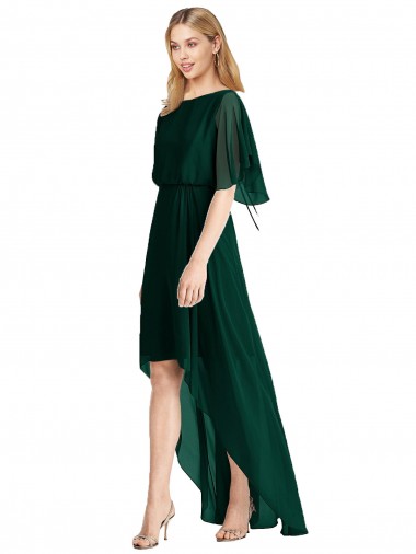 Fábrica de Amarrar para trás Chiffon Decote redondo Alto Baixo Mangas Esvoaçantes Alto Baixo, Vestidos de Madrinha