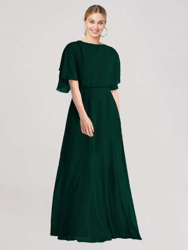 Fábrica de Amarrar para trás Chiffon Decote redondo Comprimento Chão Mangas Esvoaçantes Vestidos de Madrinha