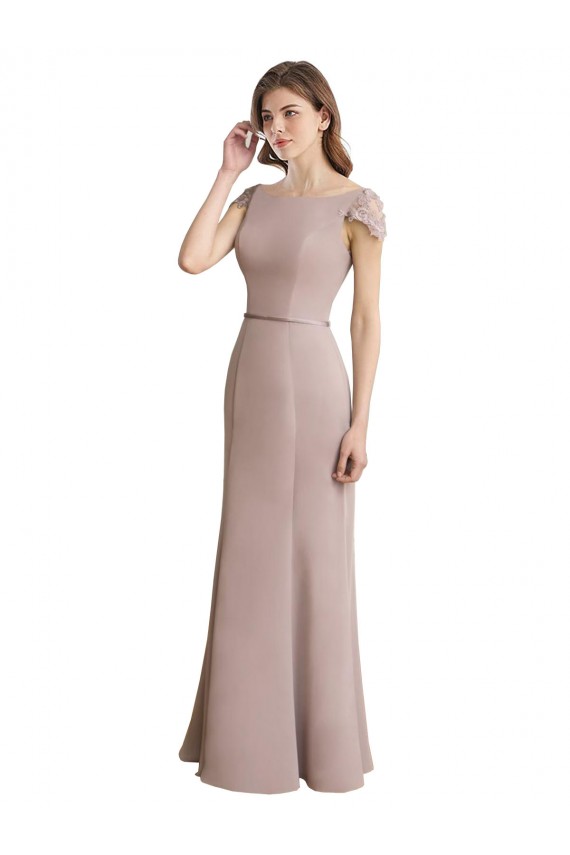 Fábrica de Chiffon & Renda Colher Comprimento Chão Mangas Curtas Vestidos de Madrinha