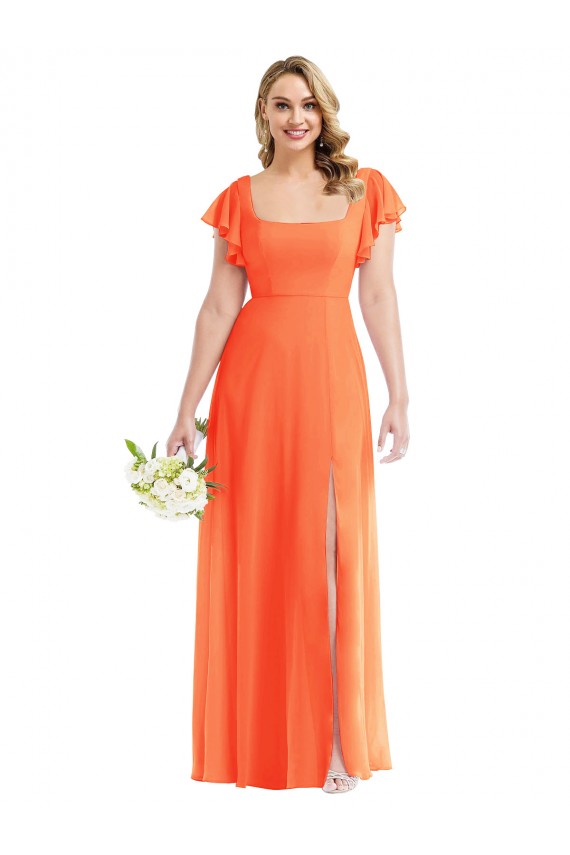 Fábrica de Abrir de volta Chiffon Decote Quadrado Comprimento Chão Mangas Esvoaçantes Vestidos de Madrinha