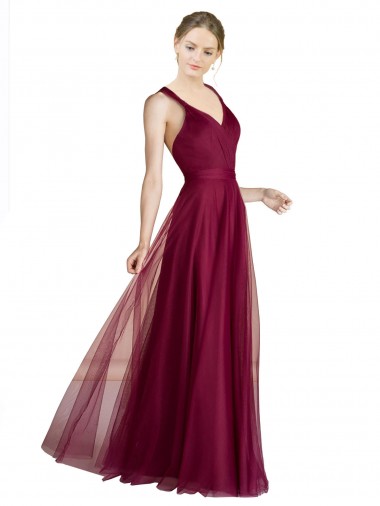Fábrica de Criss Cruz Tule Decote V Comprimento Chão Sem Mangas Longo Vestidos de Madrinha