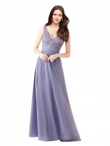 Fábrica de Costas em V Tule & Renda Amor Comprimento Chão Sem Mangas Vestidos de Madrinha
