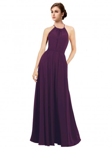 Fábrica de Buraco da fechadura Chiffon Cabeçada Comprimento Chão Sem Mangas Vestido de Festa / Vestido de Madrinha