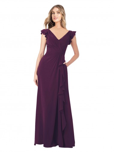 Fábrica de Chiffon Decote V Comprimento Chão Mangas Curtas Linha A Vestidos de Madrinha