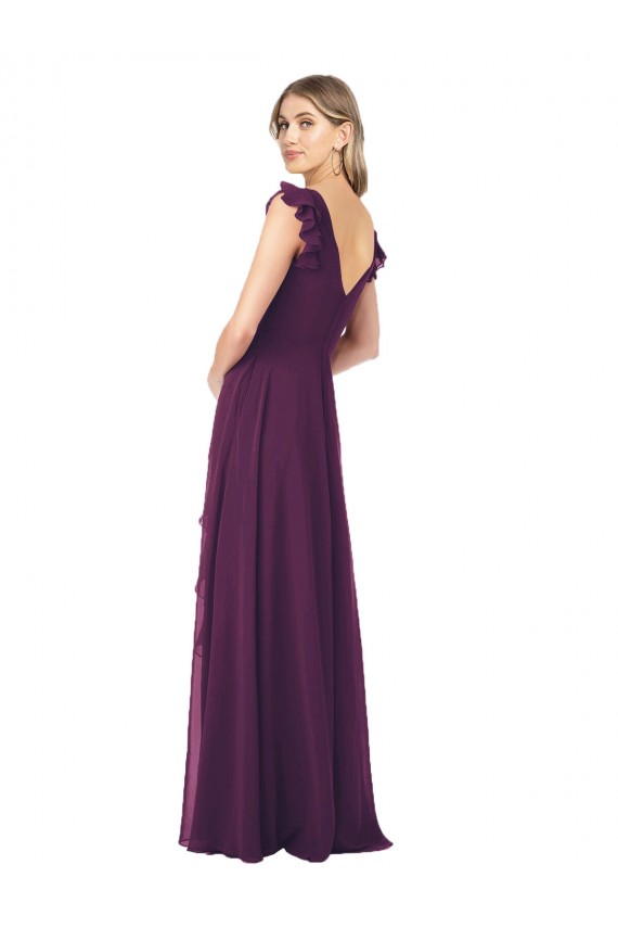 Fábrica de Chiffon Decote V Comprimento Chão Mangas Curtas Linha A Vestidos de Madrinha