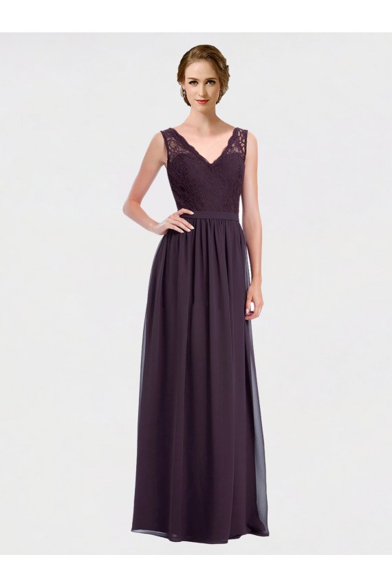 Fábrica de Costas em V Chiffon & Renda Decote V Comprimento Chão Sem Mangas Vestidos de Madrinha