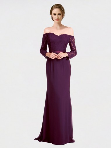 Fábrica de Lombar Chiffon & Renda Fora do Ombro Comprimento Chão Mangas Compridas Vestidos de Madrinha