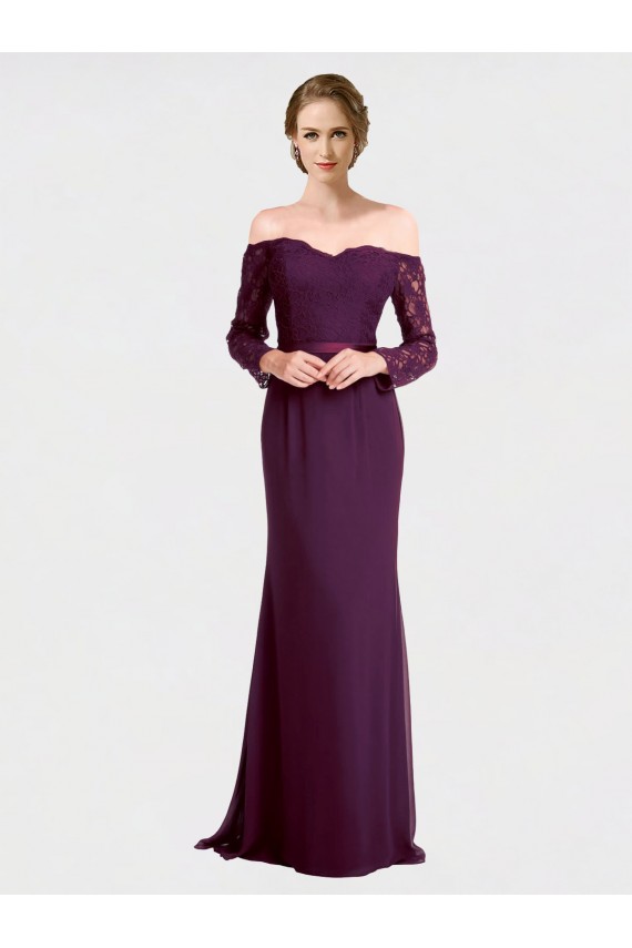 Fábrica de Lombar Chiffon & Renda Fora do Ombro Comprimento Chão Mangas Compridas Vestidos de Madrinha