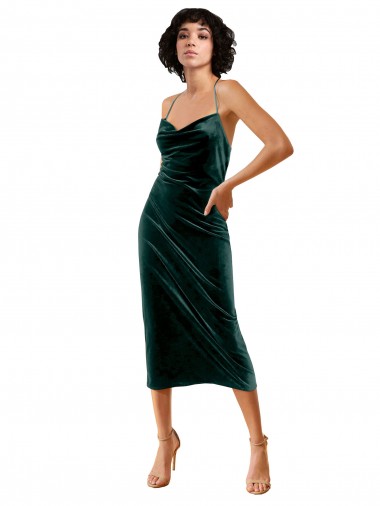 Fábrica de Criss Cruz Veludo Elástico Alças finas Comprimento Midi Sem Mangas Vestidos de Madrinha / Vestidos de Noite / Vestidos de Festa