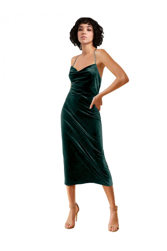 Fábrica de Criss Cruz Veludo Elástico Alças finas Comprimento Midi Sem Mangas Vestidos de Madrinha / Vestidos de Noite / Vestidos de Festa