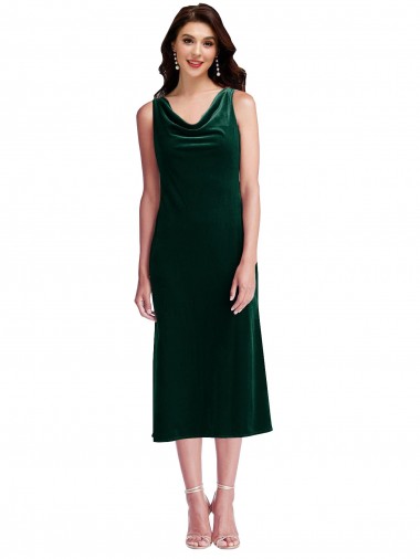 Fábrica de Costas em V Veludo Elástico Decote Capuz Comprimento Midi Sem Mangas Vestidos de Madrinha / Vestidos de Festa / Vestidos de Cocktail / Vestidos de Homecoming