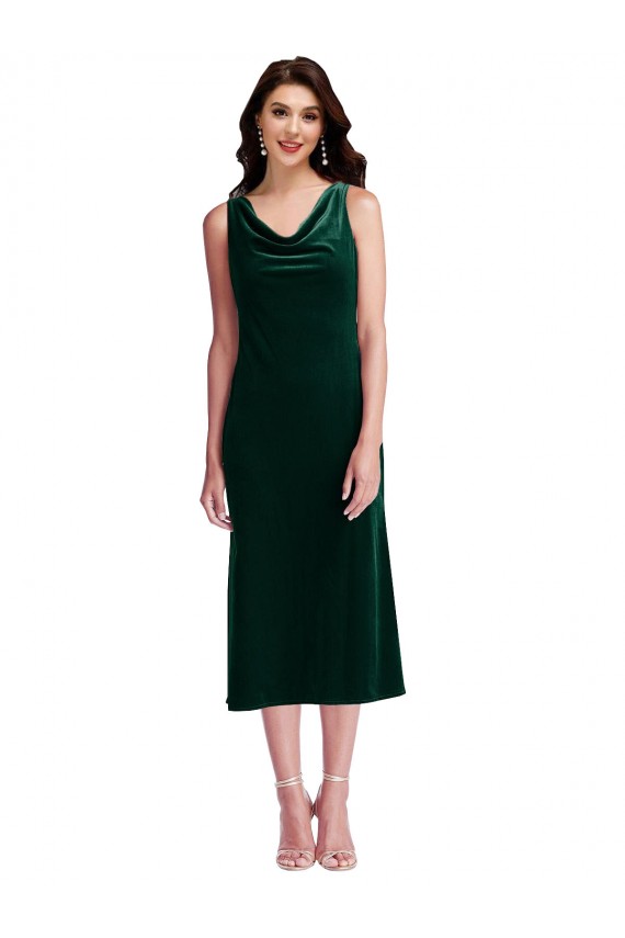 Fábrica de Costas em V Veludo Elástico Decote Capuz Comprimento Midi Sem Mangas Vestidos de Madrinha / Vestidos de Festa / Vestidos de Cocktail / Vestidos de Homecoming
