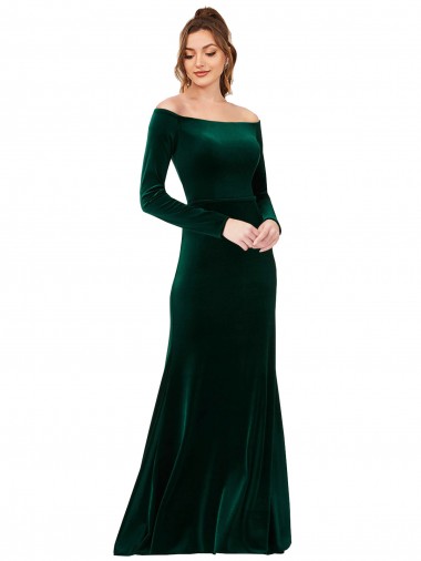 Fábrica de Veludo Elástico Fora do Ombro Comprimento Chão Mangas Compridas Vestidos de Madrinha / Vestidos de Noite / Vestidos de Festa