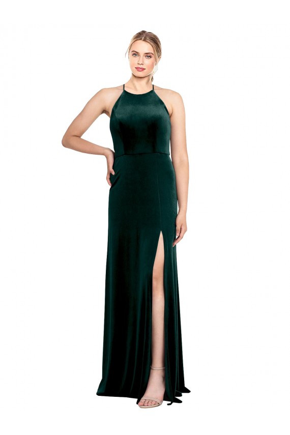 Fábrica de Buraco da fechadura Veludo Elástico Alças finas Comprimento Chão Sem Mangas Vestidos de Madrinha / Vestidos de Festa