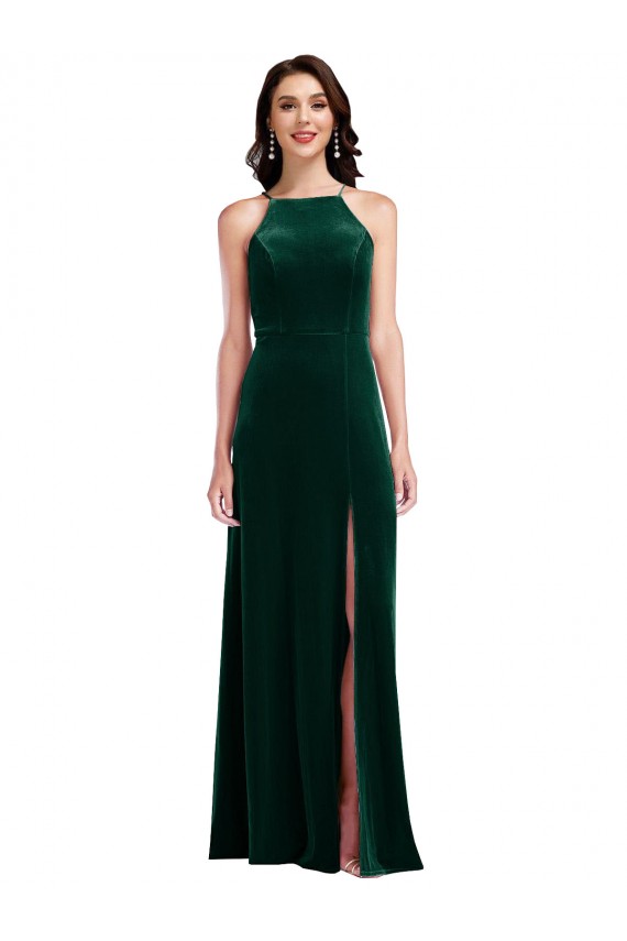 Fábrica de Veludo Elástico Cabeçada Comprimento Chão Sem Mangas Vestidos de Madrinha / Vestidos de Festa