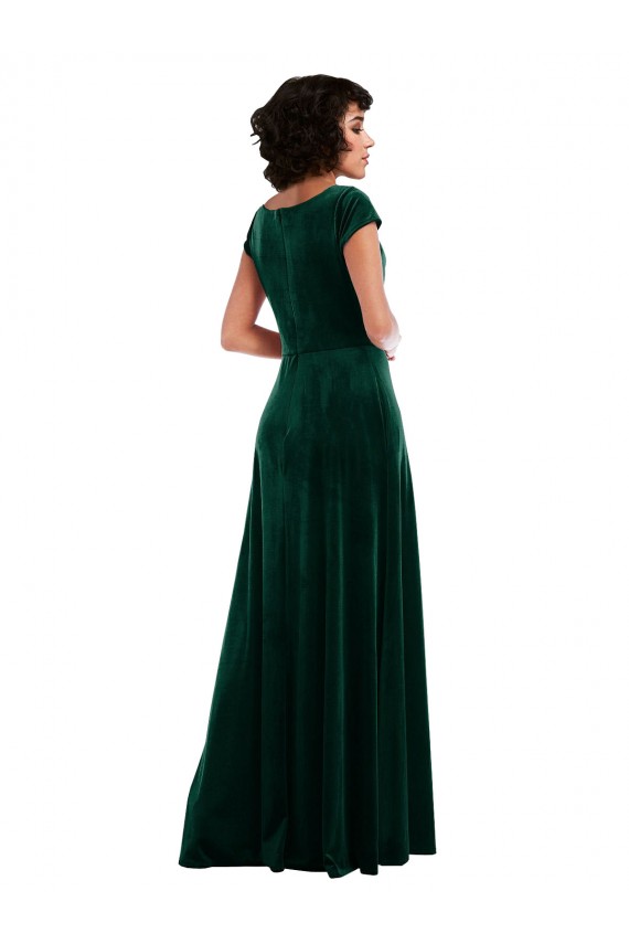 Fábrica de Veludo Elástico Decote Capuz Comprimento Chão Mangas Curtas Vestidos de Madrinha / Vestidos de Festa