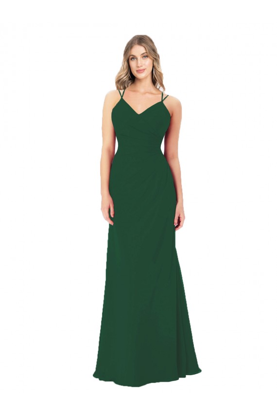 Fábrica de Chiffon Decote V Comprimento Chão Sem Mangas Verde Escuro Vestidos de Madrinha