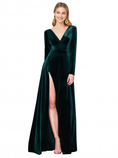 Fábrica de Veludo Elástico Decote V Comboio Varredela Mangas Compridas Vestidos de Madrinha / Vestidos de Noite / Vestidos de Festa