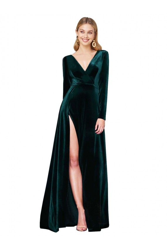 Fábrica de Veludo Elástico Decote V Comboio Varredela Mangas Compridas Vestidos de Madrinha / Vestidos de Noite / Vestidos de Festa