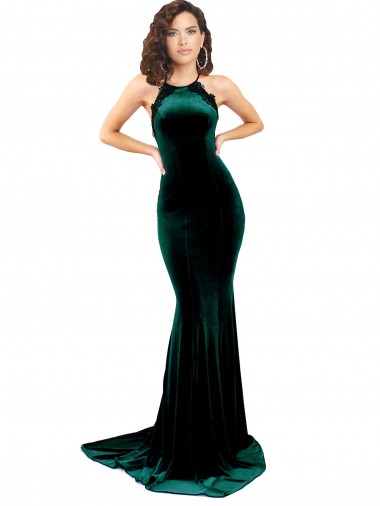 Fábrica de Criss Cruz Veludo Elástico Decote Alto Comboio Varredela Sem Mangas Vestidos de Madrinha / Vestidos de Noite / Vestidos de Festa