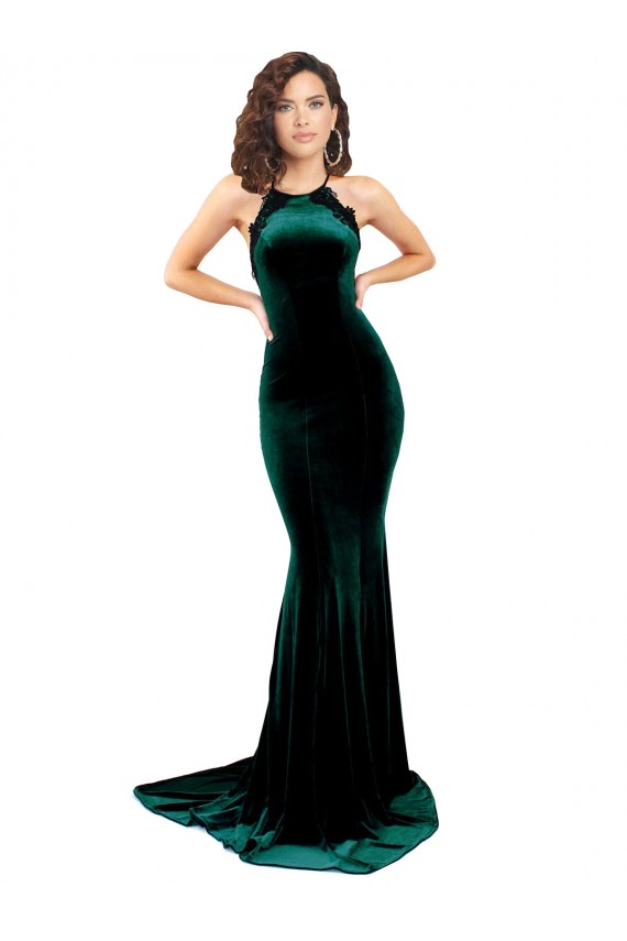Fábrica de Criss Cruz Veludo Elástico Decote Alto Comboio Varredela Sem Mangas Vestidos de Madrinha / Vestidos de Noite / Vestidos de Festa