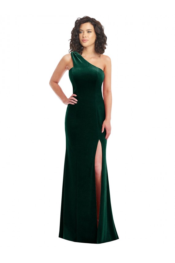 Fábrica de Veludo Elástico Um Ombro Comprimento Chão Sem Mangas Longo Vestidos de Madrinha / Vestidos de Festa