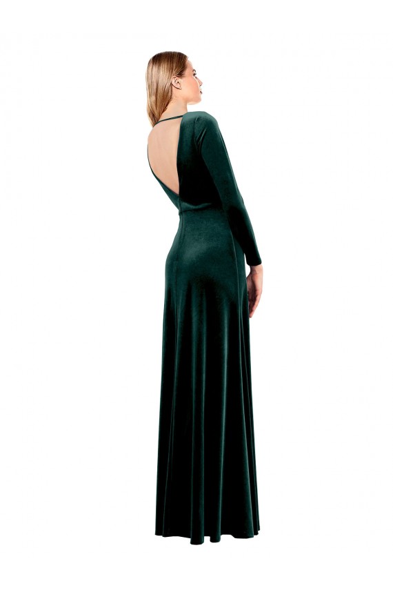 Fábrica de Abrir de volta Veludo Elástico Decote V Comprimento Chão Mangas Compridas Vestidos de Madrinha / Vestidos de Festa