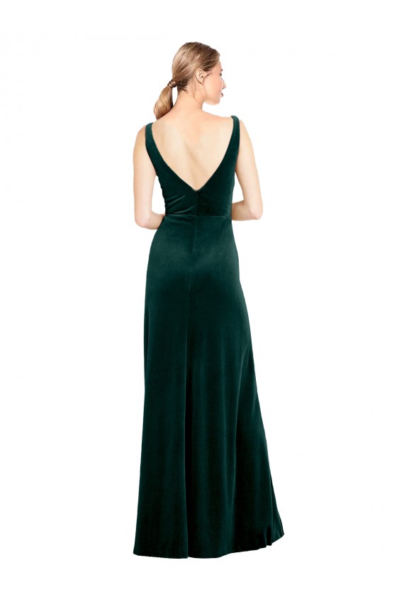 Fábrica de Costas em V Veludo Elástico Decote V Comprimento Chão Sem Mangas Linha A Vestidos de Madrinha / Vestidos de Noite / Vestidos de Festa