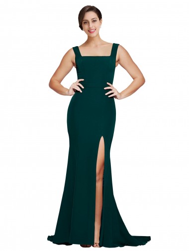 Fábrica de Crepe Esticado Decote Quadrado Comboio Varredela Sem Mangas Longo Vestidos de Madrinha / Vestidos de Festa