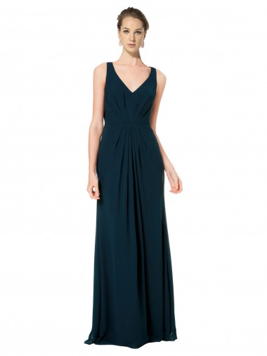 Fábrica de Chiffon Decote V Comprimento Chão Sem Mangas Verde Meia-Noite Vestidos de Madrinha