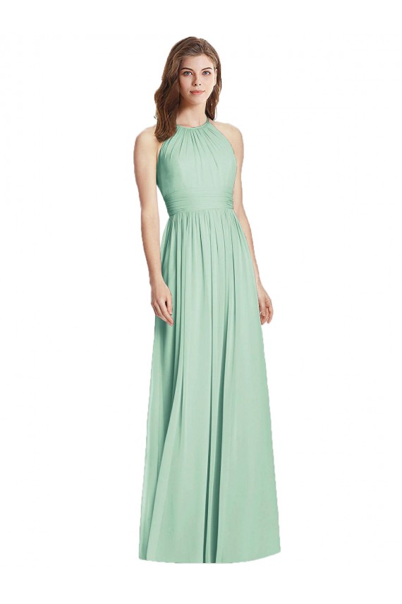 Fábrica de Abrir de volta Chiffon Cabeçada Comprimento Chão Sem Mangas Verde Menta Vestidos de Madrinha